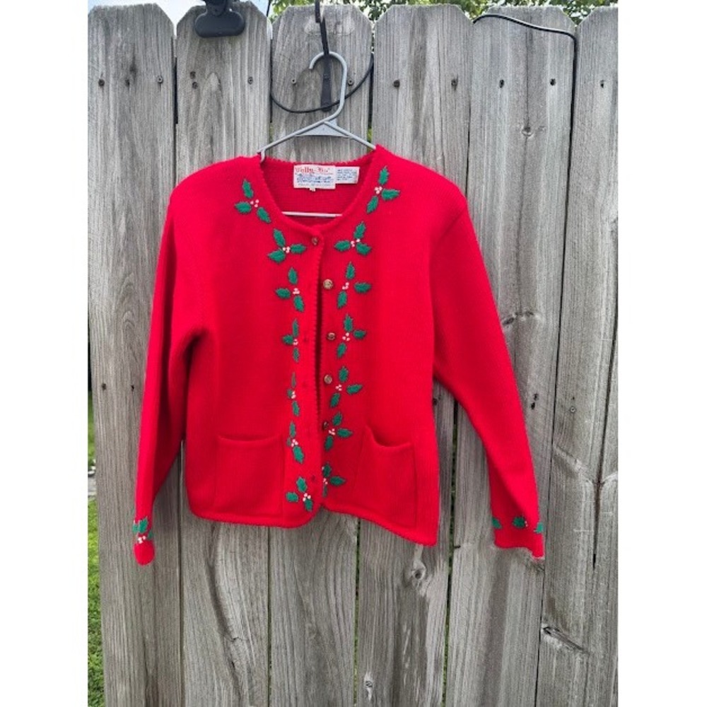 Christmas Holiday Vintage Holly Embroidered Tally-Ho Cardigan M Red Knit Retro